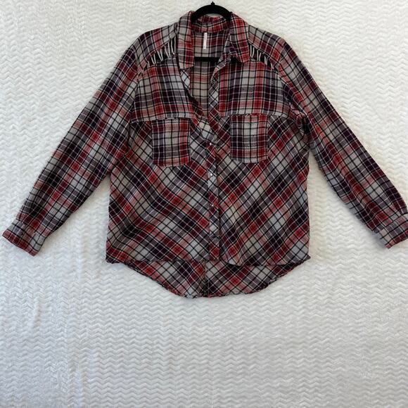 Free People Flannel Red Cage Detail Distressed Button Down Shirt Sz Medium - Picture 1 of 11